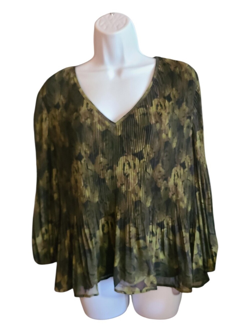 Daniel Rainn Olive Green Pleated V-Neck Tunic